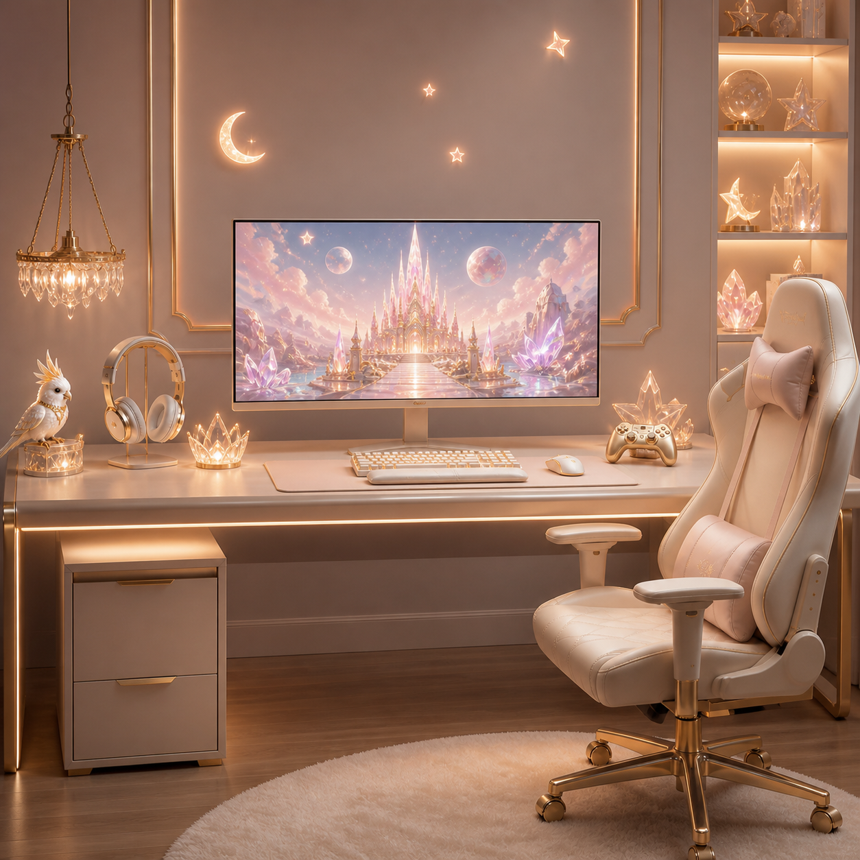 Bureau gaming beige et doré inspiré du royaume de Pearly Kam